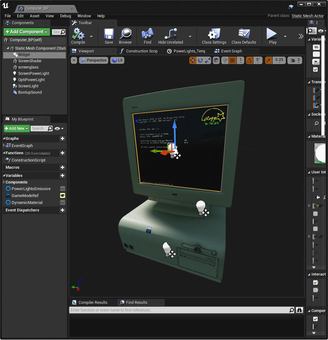 Blueprint for the desktop computer with the 3D widget component highlighted.